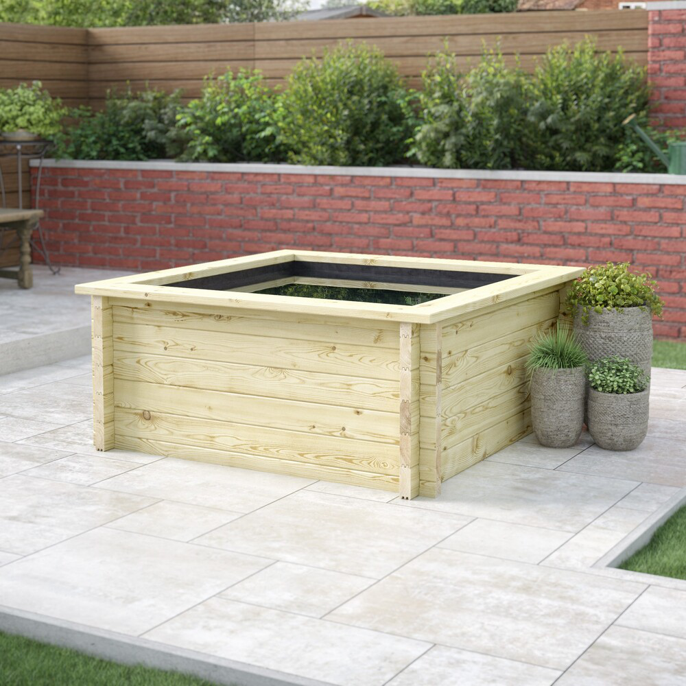 Raised Wooden Pond – Square Timber Garden Pond Kit with Heavy Duty Liner
