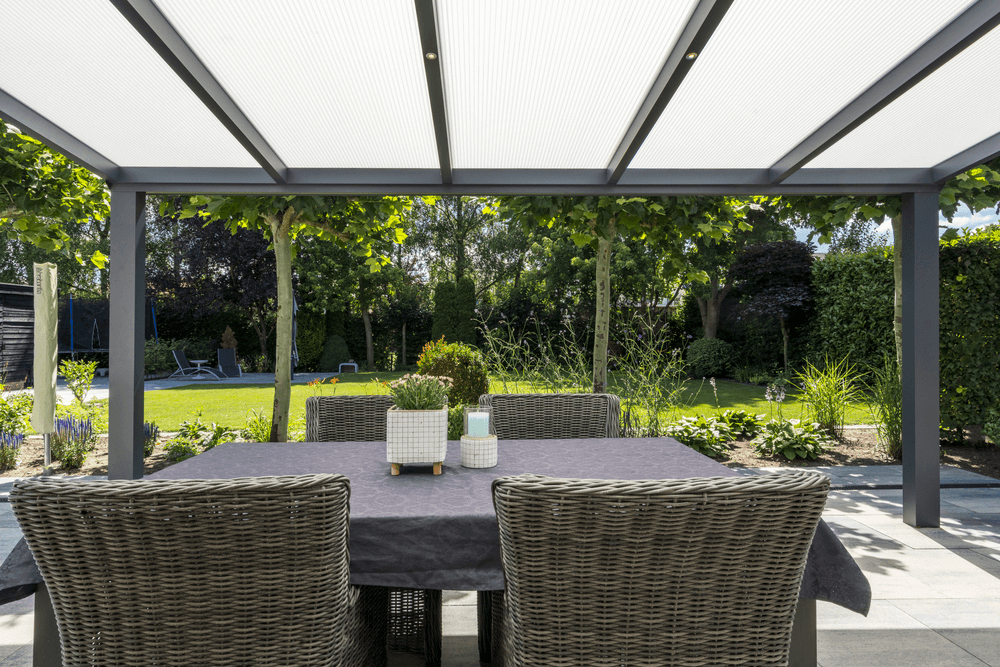 Outdoor patio with table and chairs under a pergola