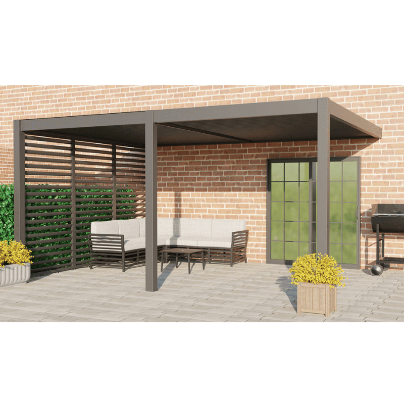 Remanso 4m x 5m Wall-Mounted Pergola – Remote Controlled Louvred Roof System with Integrated LEDs