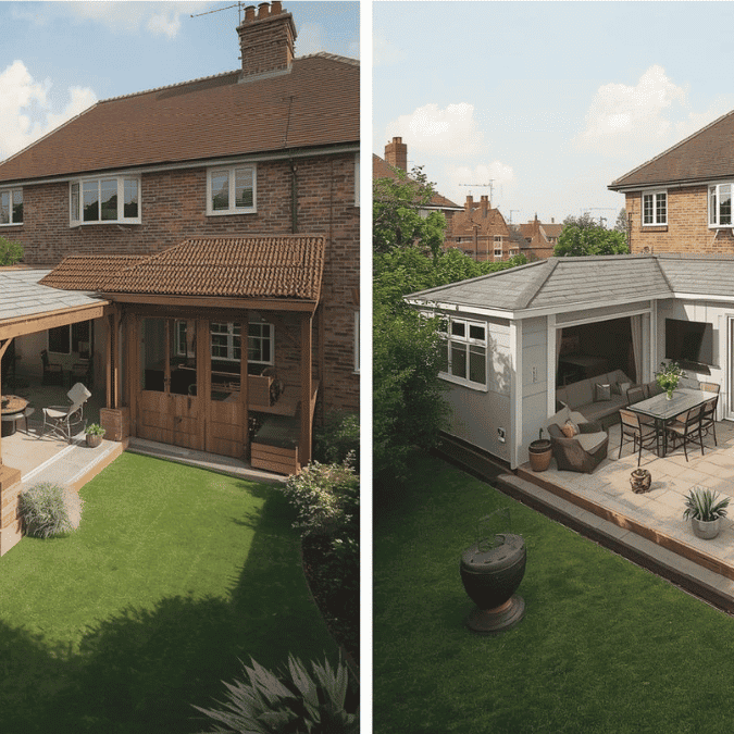 Veranda and terrace side by side showing covered and open outdoor spaces