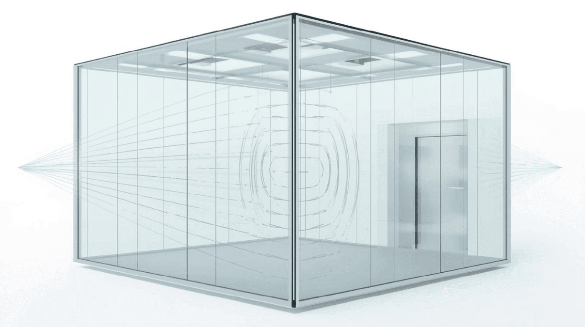 Diagram showing sound waves reflecting inside a glass room