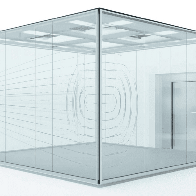 Diagram showing sound waves reflecting inside a glass room