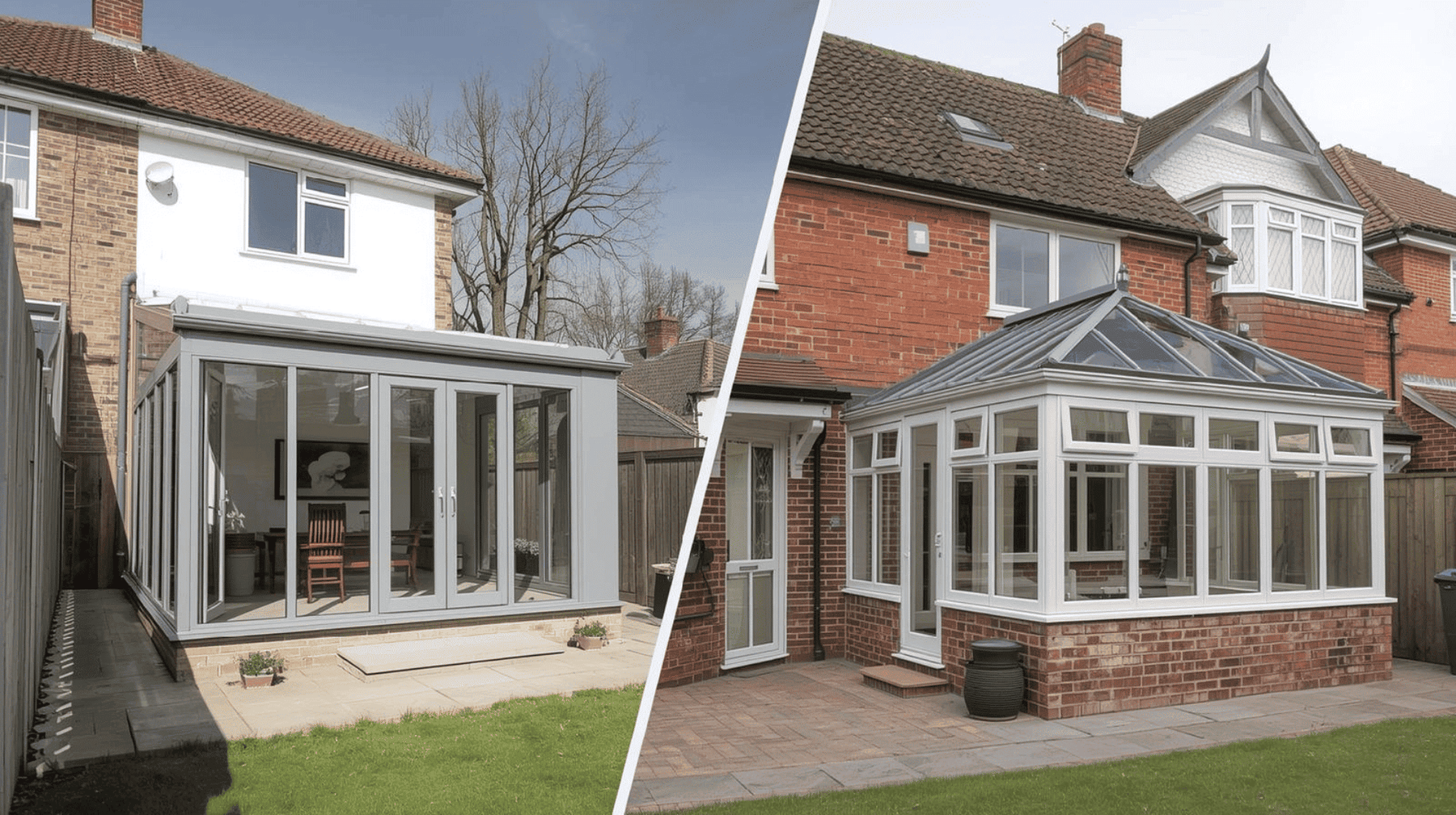 Glass room and conservatory side by side comparison on UK homes