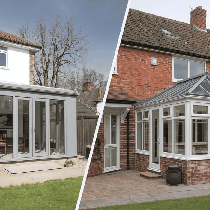 Glass room and conservatory side by side comparison on UK homes