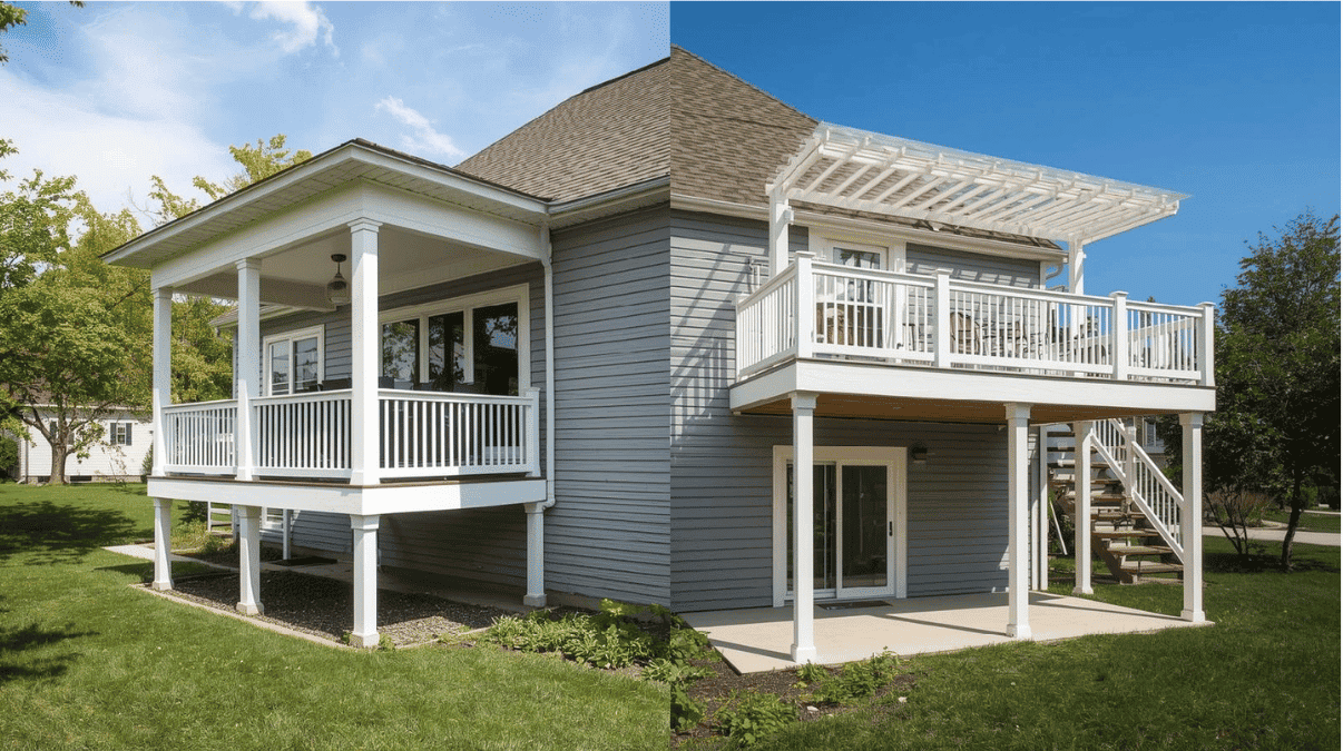 Side-by-side comparison of a veranda and a balcony on different homes