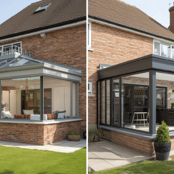 eranda and conservatory side by side showing open and enclosed garden spaces