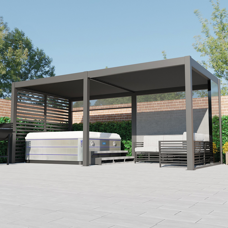 Patio cover with hot tub and outdoor furniture on a clear day