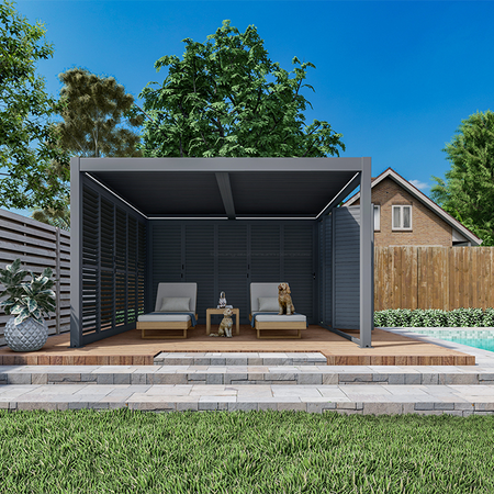 Outdoor patio area with a pergola, chairs, and a pool in a backyard setting.