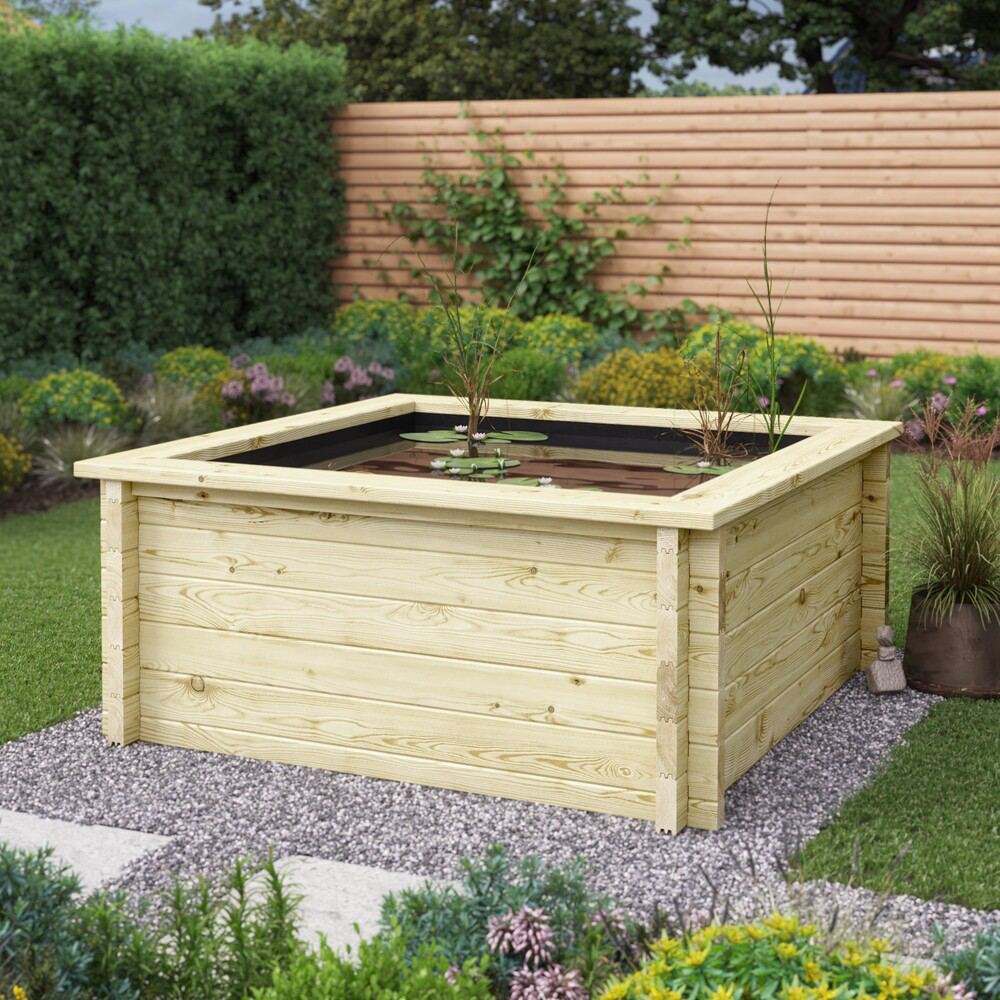 Raised Wooden Pond – Square Timber Garden Pond Kit with Heavy Duty Liner