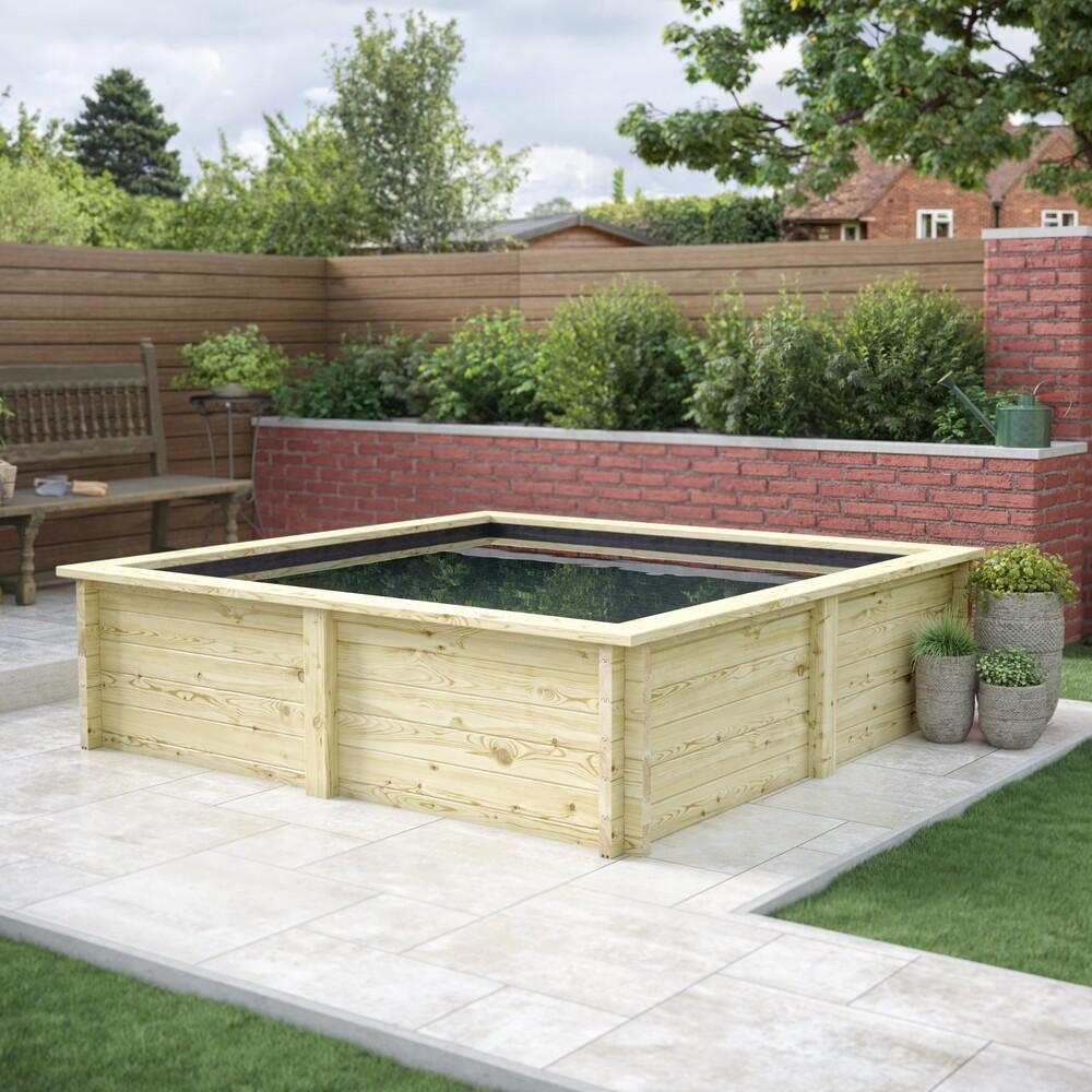 Raised Wooden Pond – Square Timber Garden Pond Kit with Heavy Duty Liner