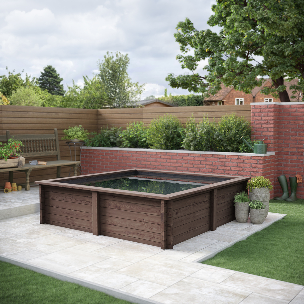Raised Wooden Pond – Square Timber Garden Pond Kit with Heavy Duty Liner