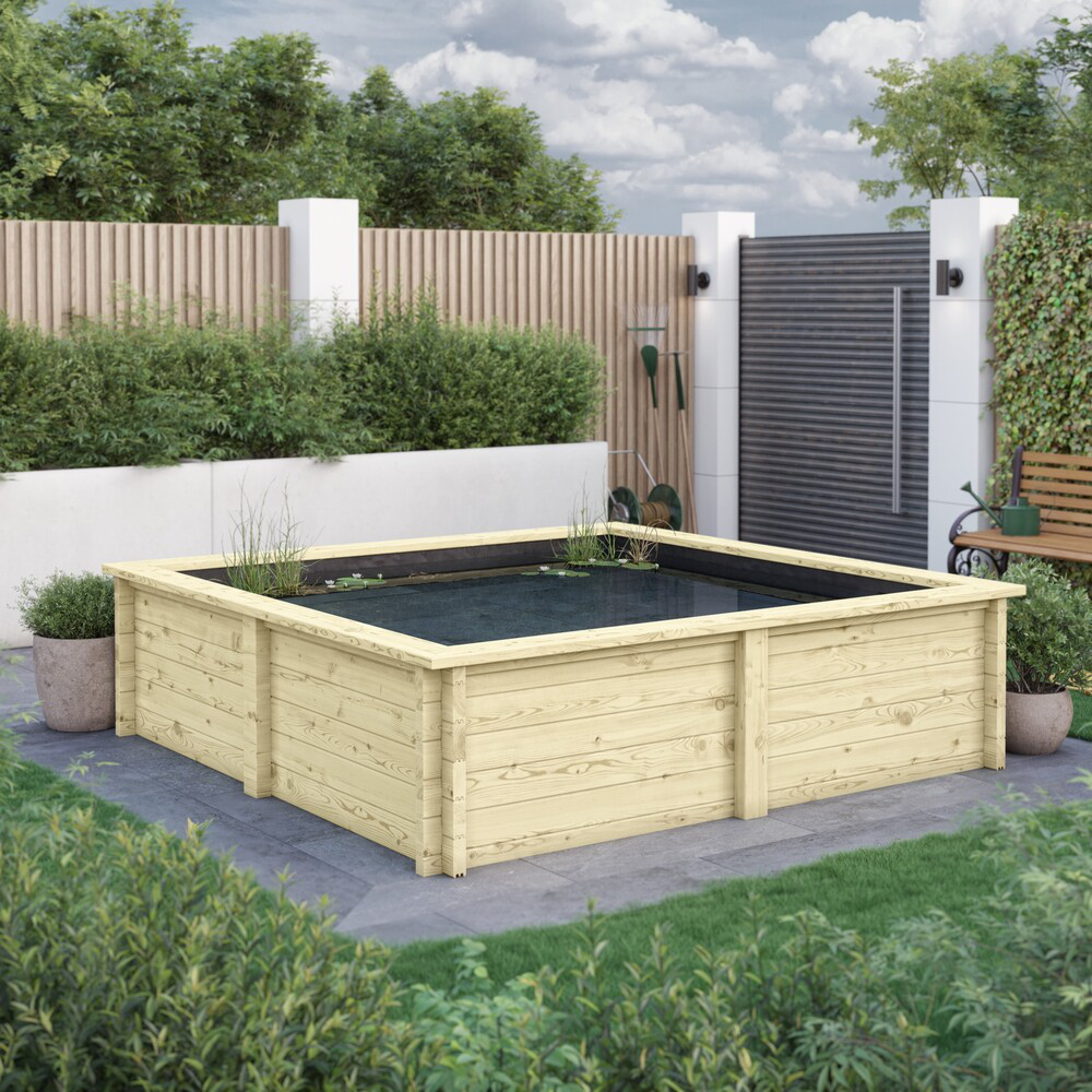 Raised Wooden Pond – Square Timber Garden Pond Kit with Heavy Duty Liner