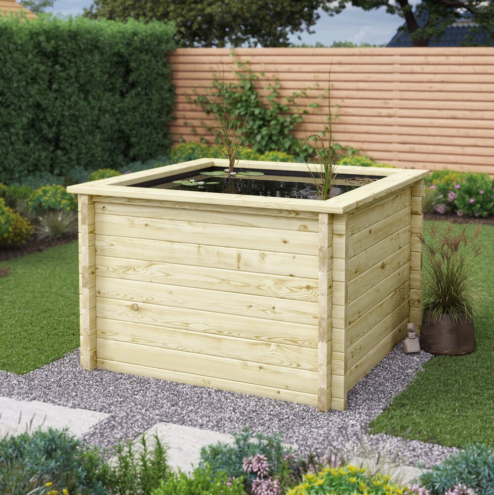 Raised Wooden Pond – Square Timber Garden Pond Kit with Heavy Duty Liner