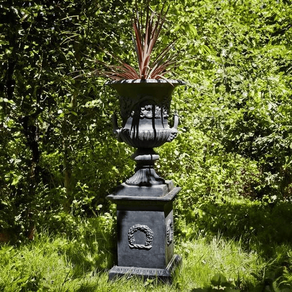 Black Cast iron Medici Urn & Plinth in Sun
