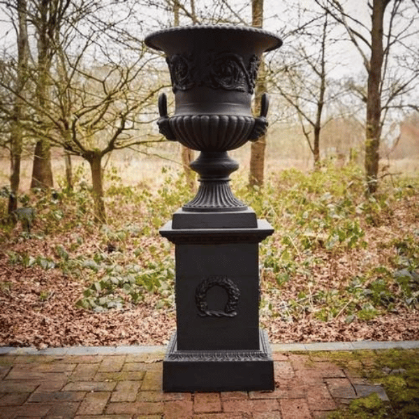 Black Cast iron Medici Urn & Plinth with Back