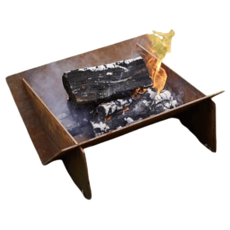 Corten Steel Minima Flat Pack Fire Pit with fire