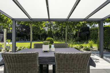 Outdoor patio with table and chairs under a pergola