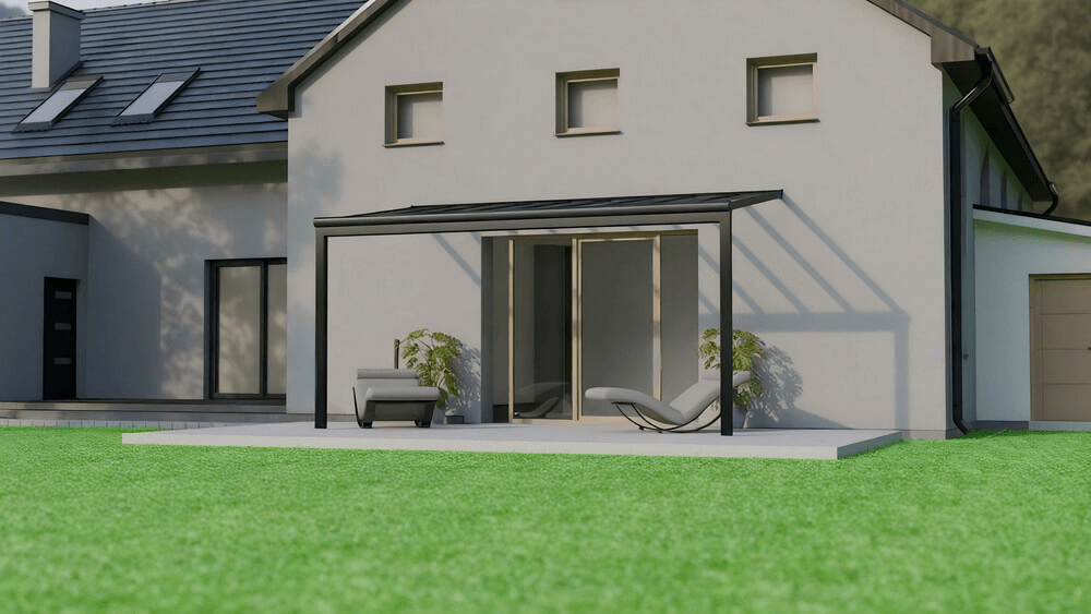 Modern house with a glass patio cover on a clear day