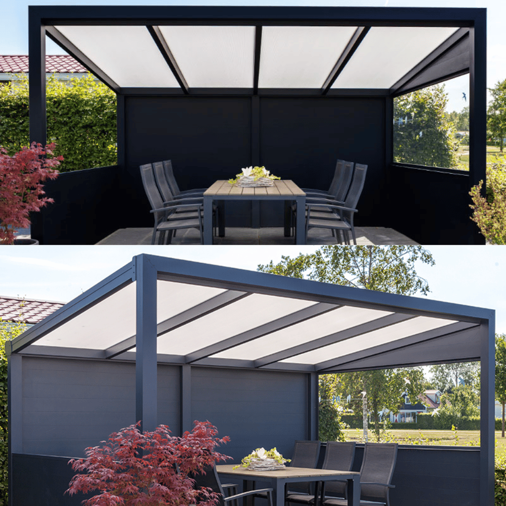 Two images of a patio with a pergola and outdoor furniture set against a natural background.