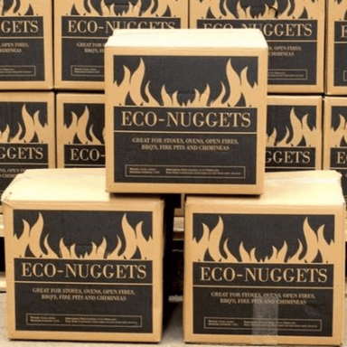 Stack of 14kg boxes of Eco-Nugget Briquettes
