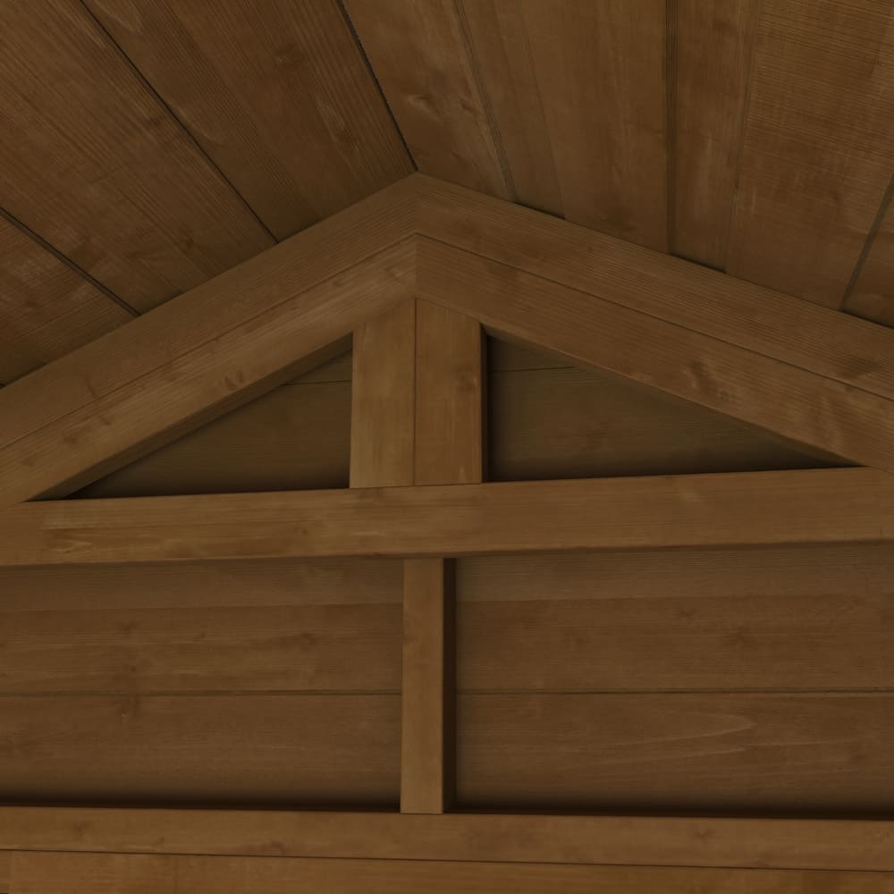 Close-up of a wooden ceiling with a geometric pattern