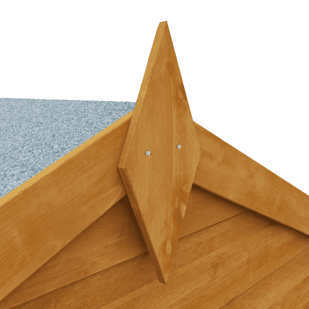 Wooden roof peak with shingles on a white background
