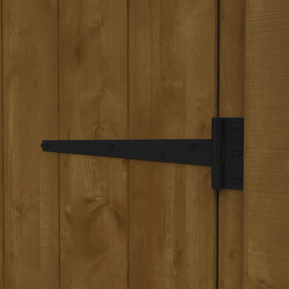 Wooden door with a black metal hinge