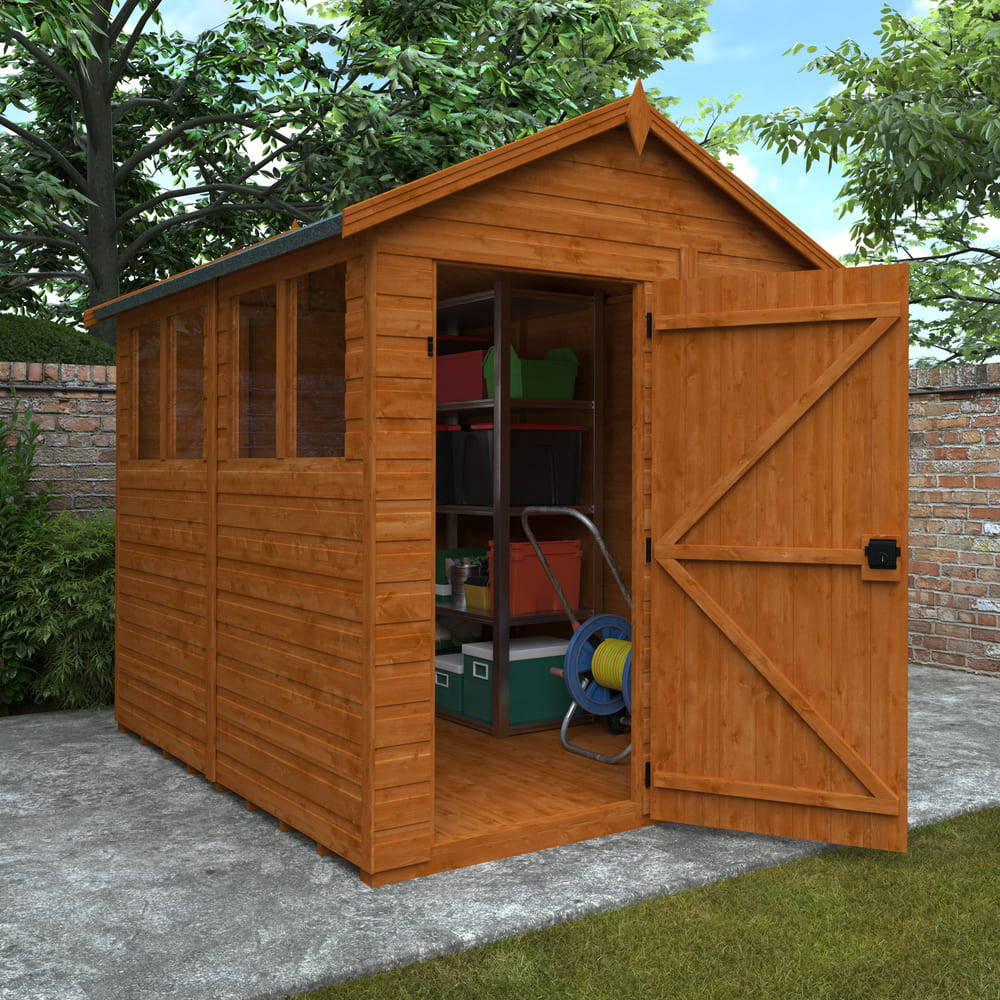 Wooden shed with open door in a garden setting