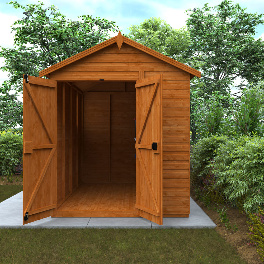 Wooden shed with open doors in a garden setting