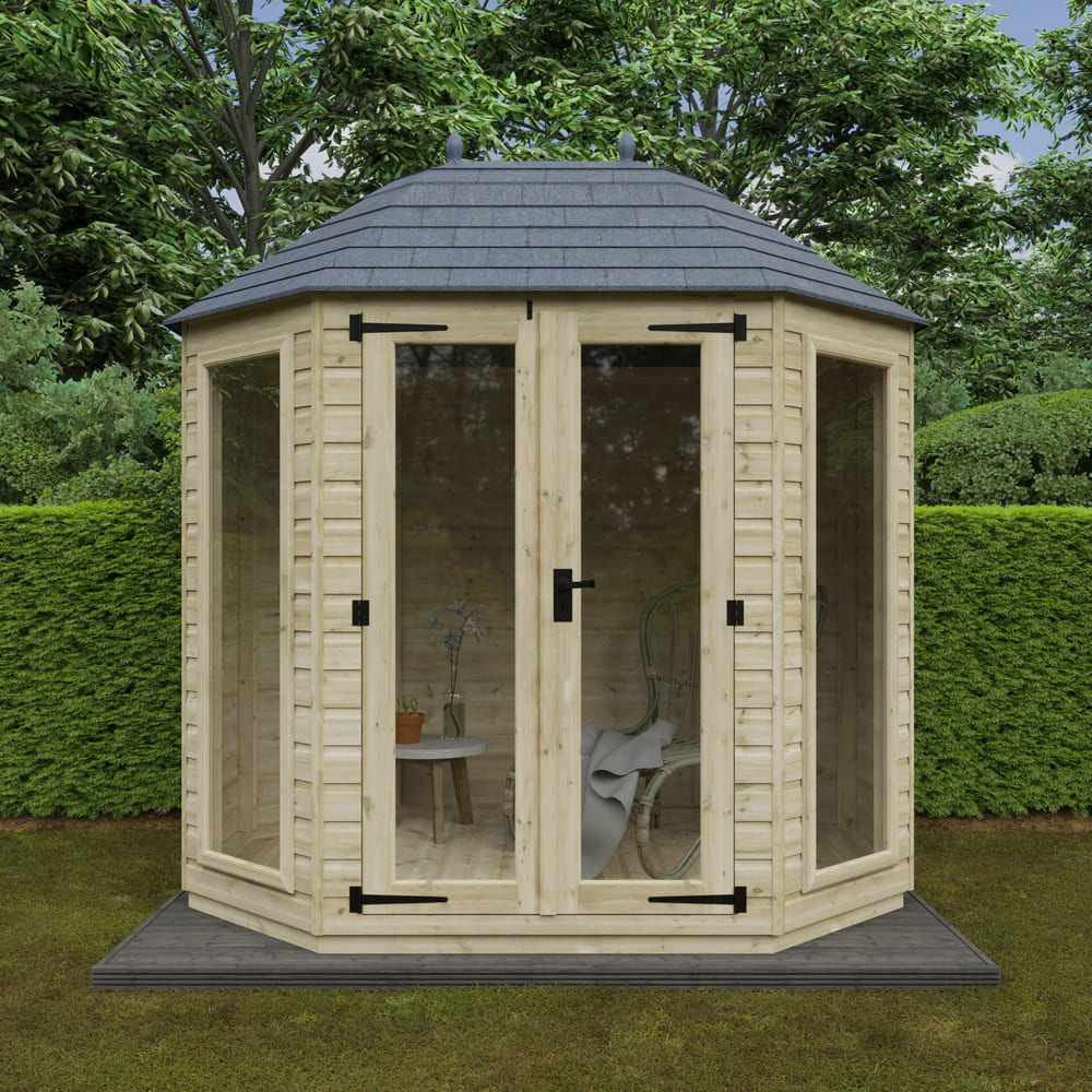 Octagonal wooden garden shed with glass doors in a garden setting