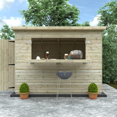 Wooden outdoor bar with stools and plants in a garden setting