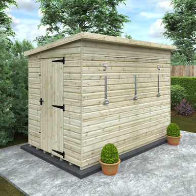 Wooden shed with a flat roof in a garden setting with trees and potted plants.
