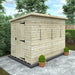 Wooden shed with a flat roof in a garden setting with trees and potted plants.