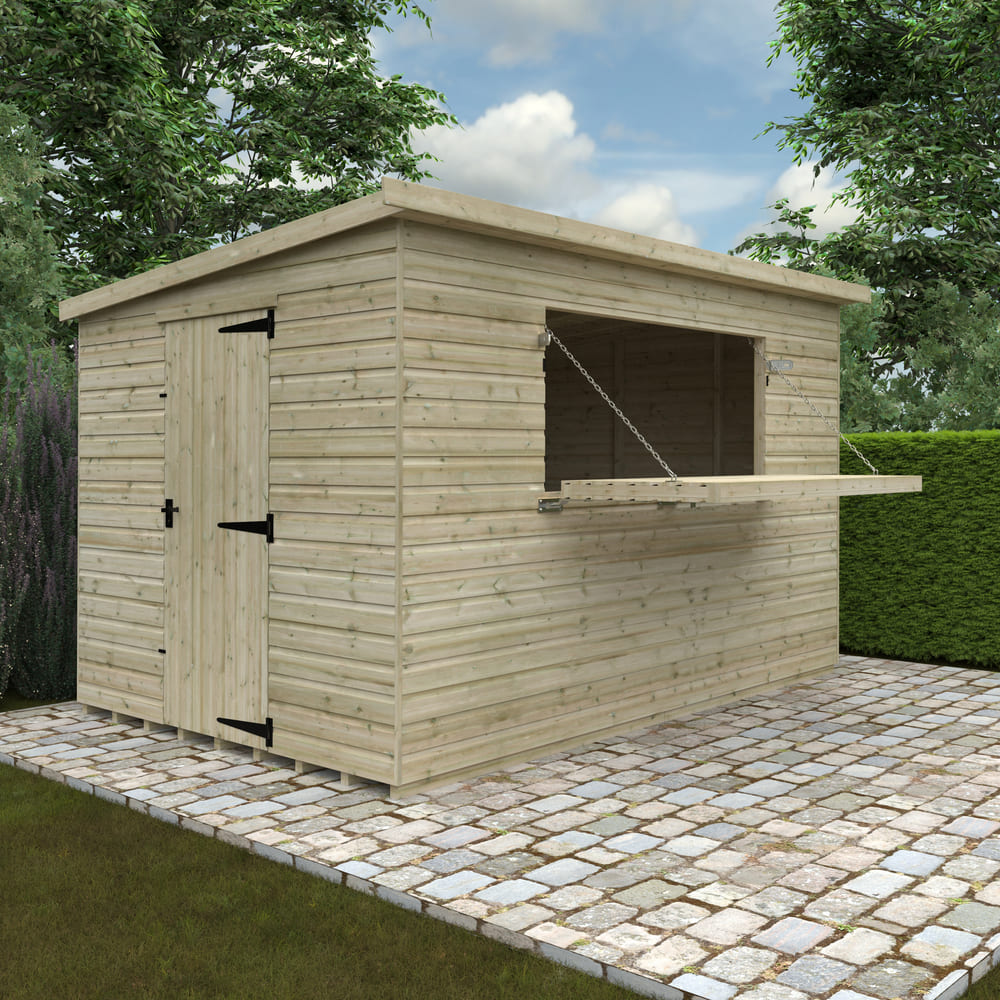 Wooden shed with a door and window on a paved area with trees in the background