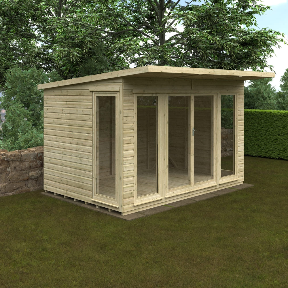 Wooden garden shed with glass doors in a garden setting