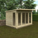 Wooden garden shed with glass doors in a garden setting