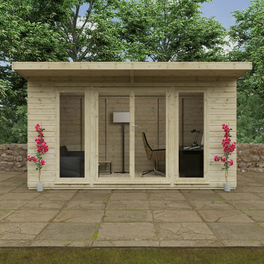 Wooden garden office with glass doors and windows, surrounded by greenery.