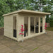 Wooden garden office with glass doors and windows, surrounded by greenery.