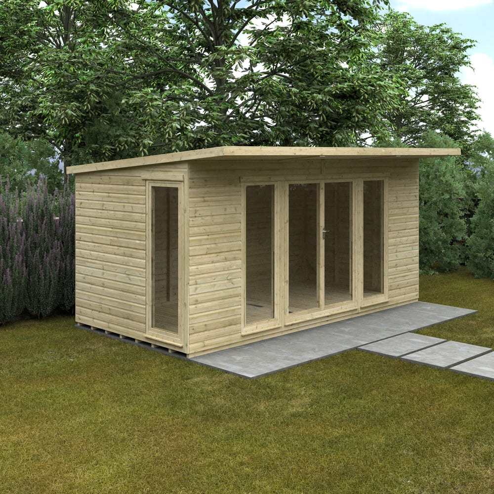 Wooden garden shed with a paved area in a garden setting