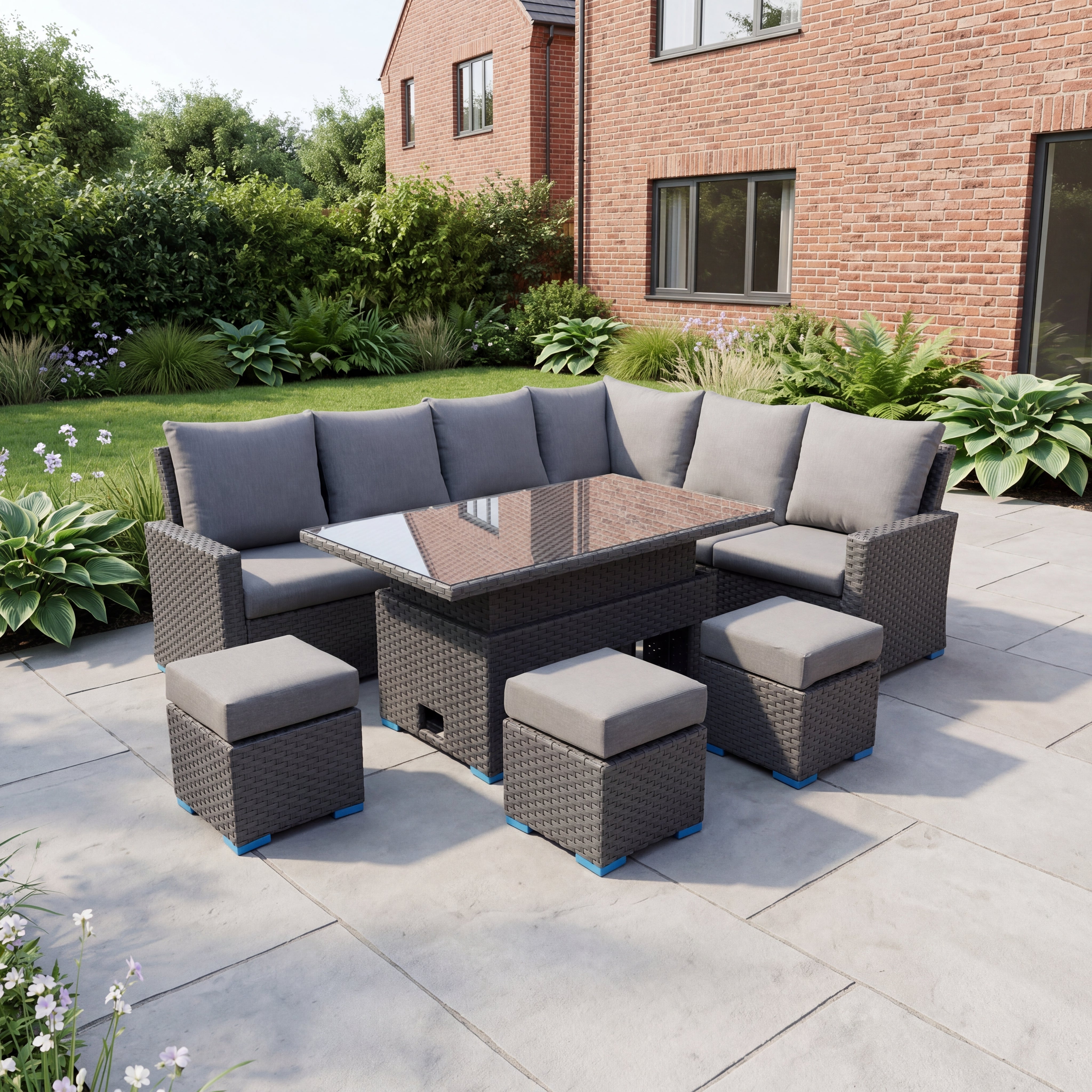 Vyda Left-Hand Corner Sofa Dining Set - Rattan Garden Furniture with Rising Table