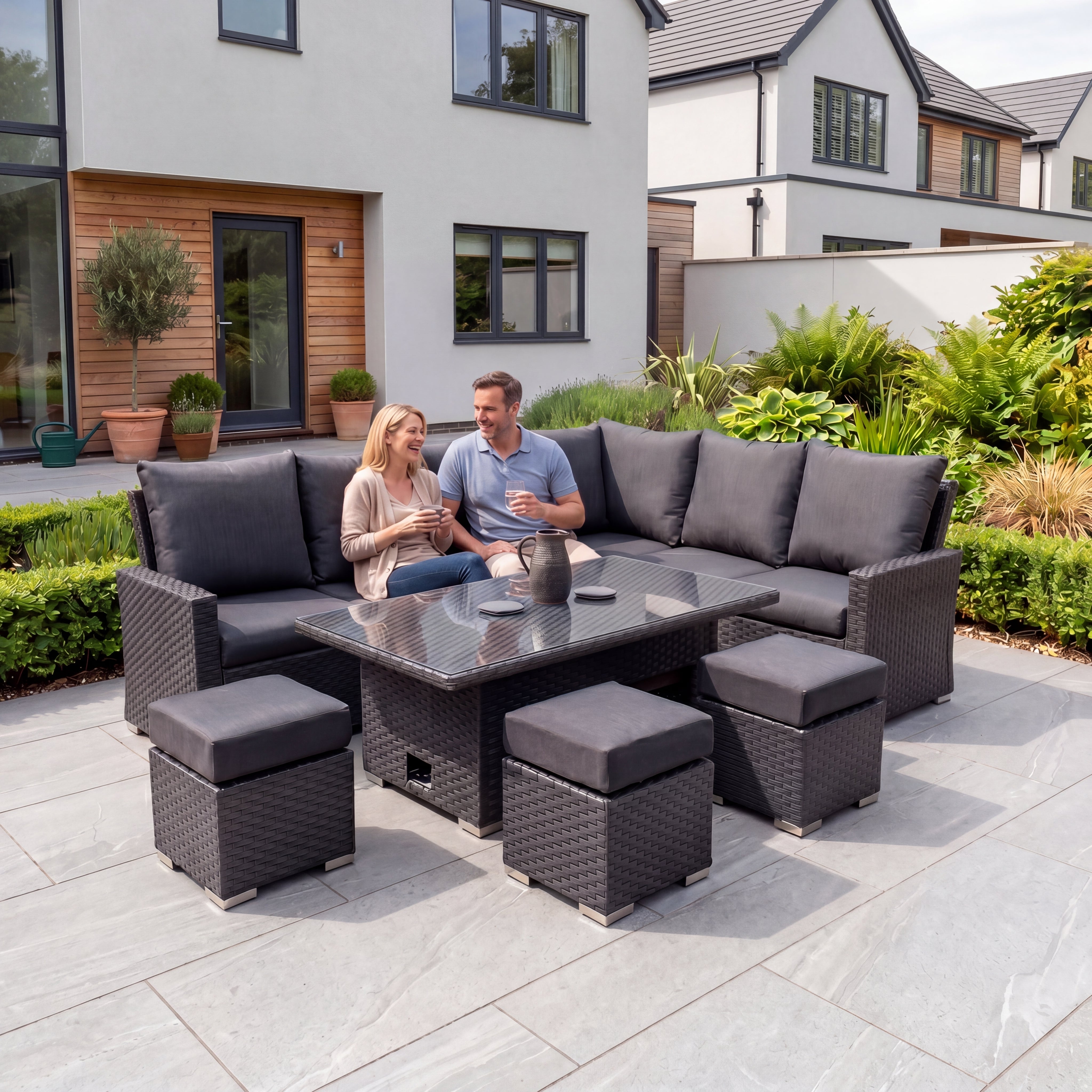 Vyda Left-Hand Corner Sofa Dining Set - Rattan Garden Furniture with Rising Table