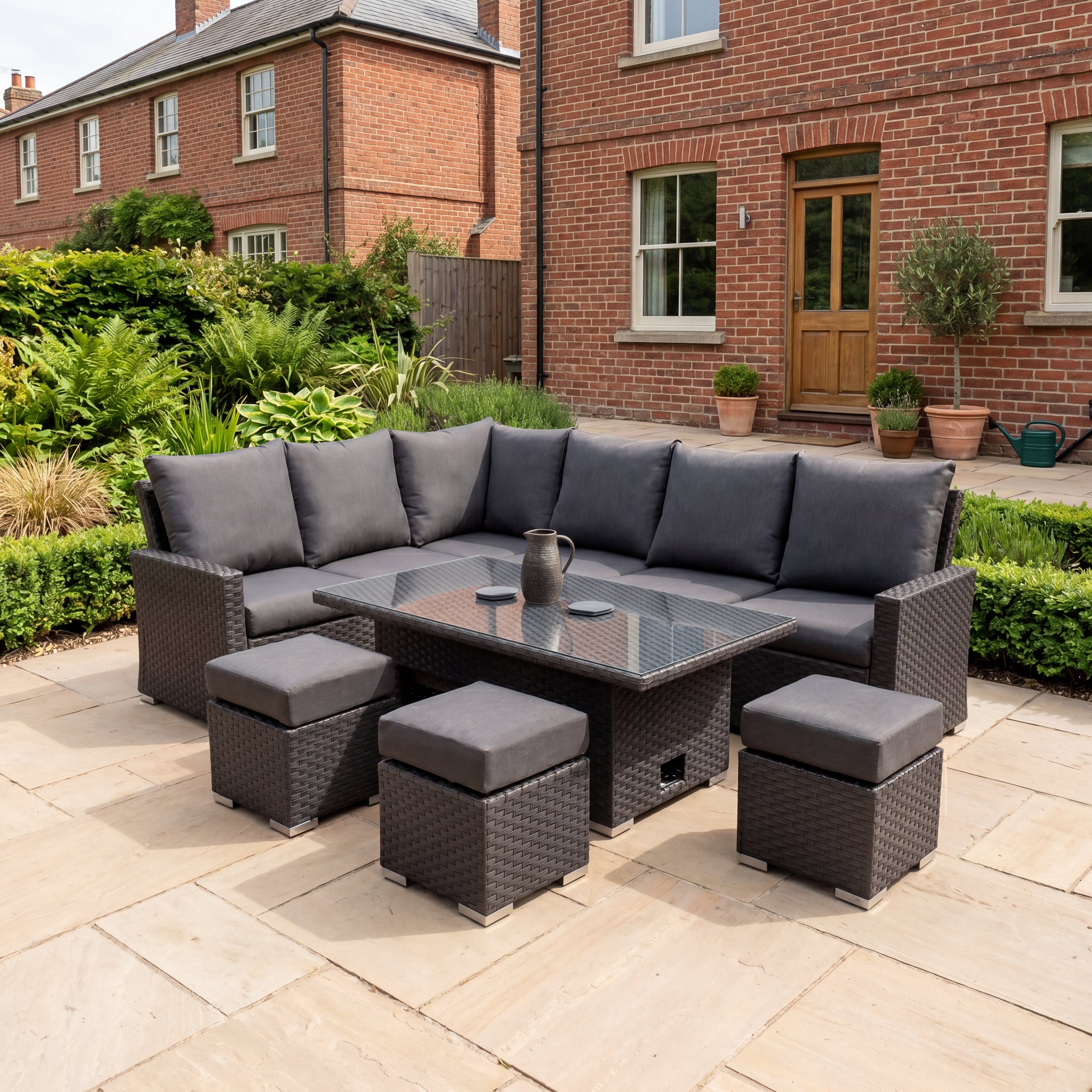 Vyda Right-Hand Corner Sofa Dining Set - Rattan Garden Furniture with Rising Table