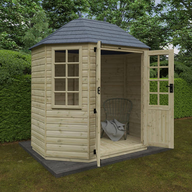 Octagonal wooden garden shed with glass doors open