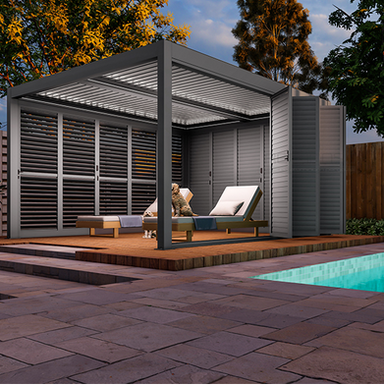 Modern pool house with lounge chairs by a pool in a backyard setting.