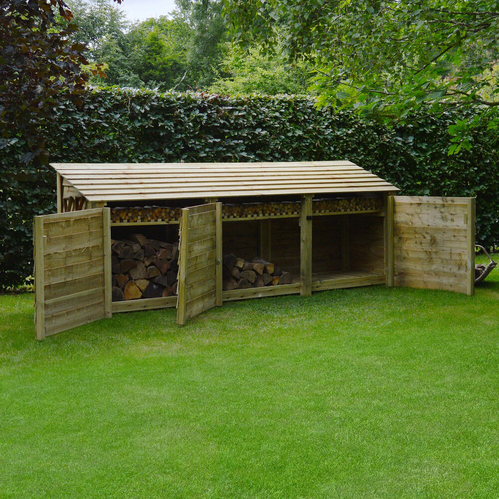 Empingham Log Store – 11ft Wide Heavy Duty Timber Firewood Storage with Kindling Shelf