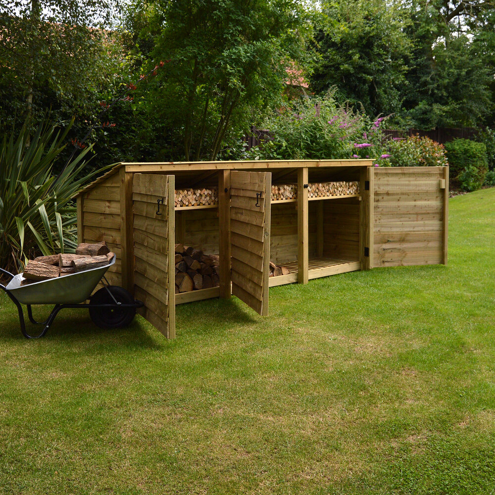 Empingham Log Store – 11ft Wide Heavy Duty Timber Firewood Storage with Kindling Shelf