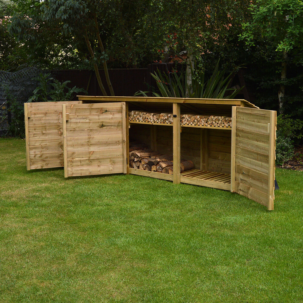 Empingham Log Store – 11ft Wide Heavy Duty Timber Firewood Storage with Kindling Shelf