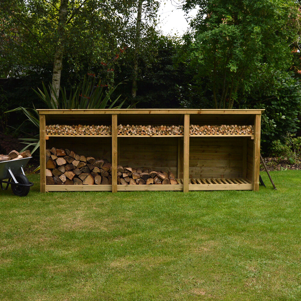 Empingham Log Store – 11ft Wide Heavy Duty Timber Firewood Storage with Kindling Shelf