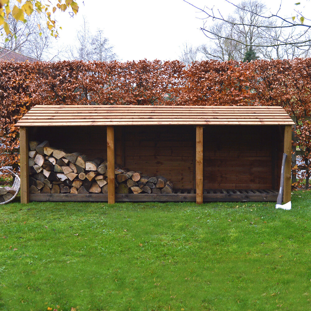 Empingham Log Store – 11ft Wide Heavy Duty Timber Firewood Storage with Kindling Shelf
