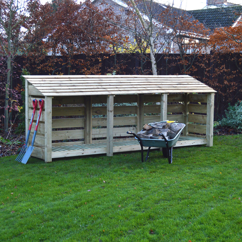 Empingham Log Store – 11ft Wide Heavy Duty Timber Firewood Storage with Kindling Shelf